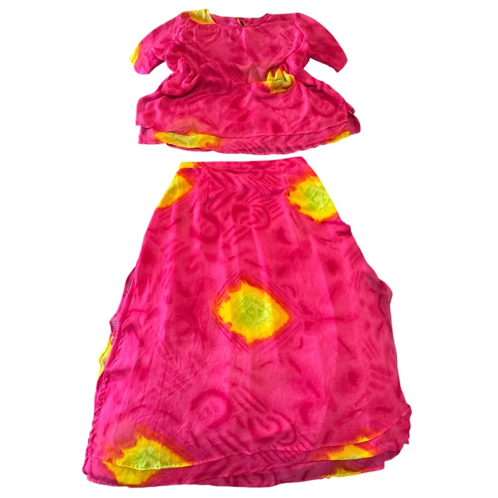 Kaktus Plus Skirt Set Womens 1X Tie Dye Pink Yellow Sheer Maxi 2pc Vintage 90s